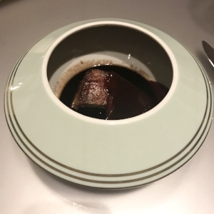 Shortrib, smoke, and cocoa. Cassis spice reduction. 38 hour braised Australian wagyu. Cassis gel, cranberry puree, pickled beets, smoked with sassafras and licorice.&nbsp;