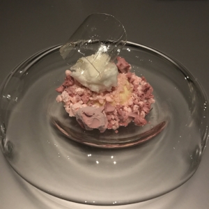 Bubblegum snow, strawberry meringue, banana sorbet, cherry glass, vanilla cake puree.