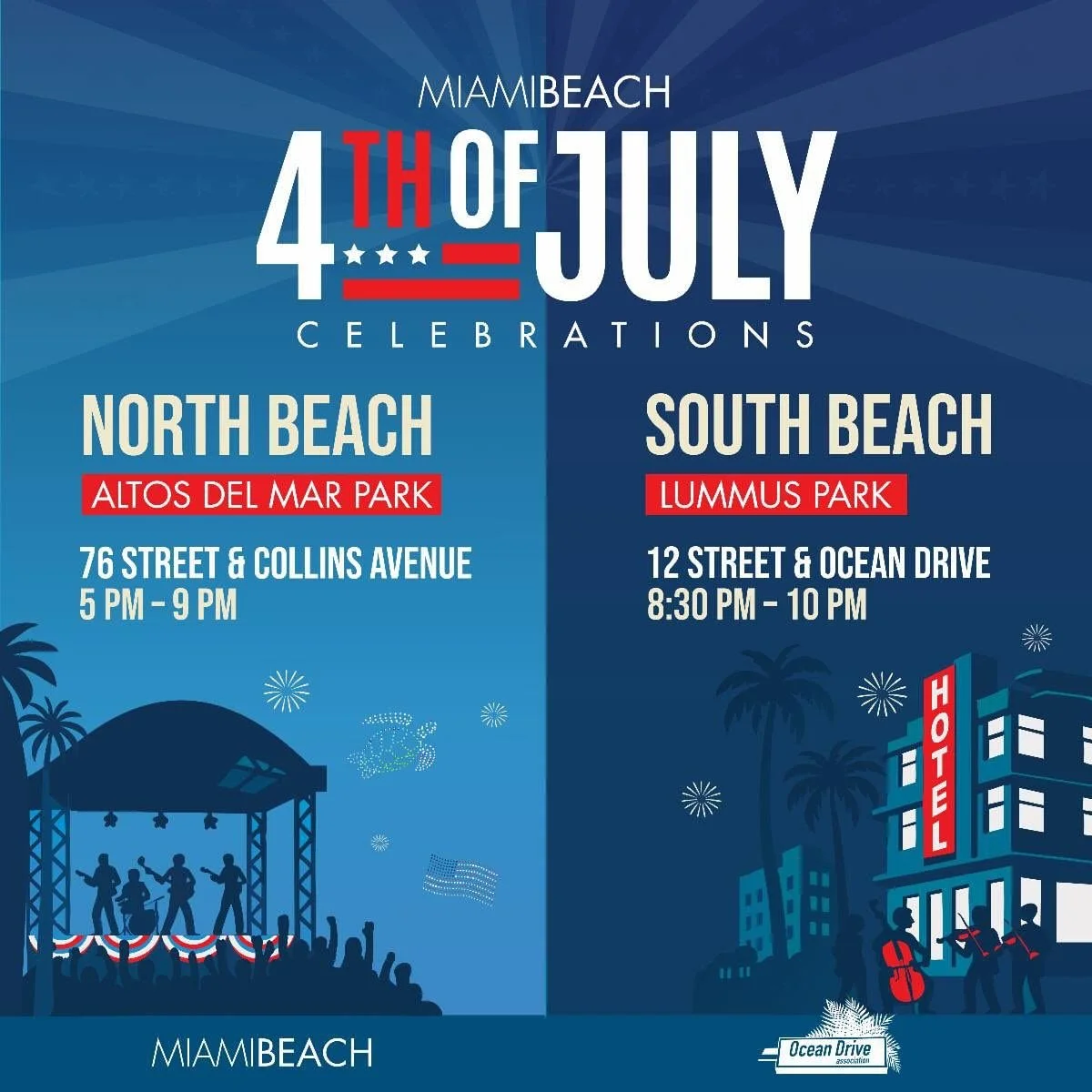 Independence Day celebration will light up the Miami Beach skies on Friday, July 4, 2025! 🇺🇸🎆
 
North Beach
Altos Del Mar Park | 76 Street &amp; Collins Avenue
5 PM - 9 PM
Enjoy food trucks, live music, family zone and a fantastic drone and firewo