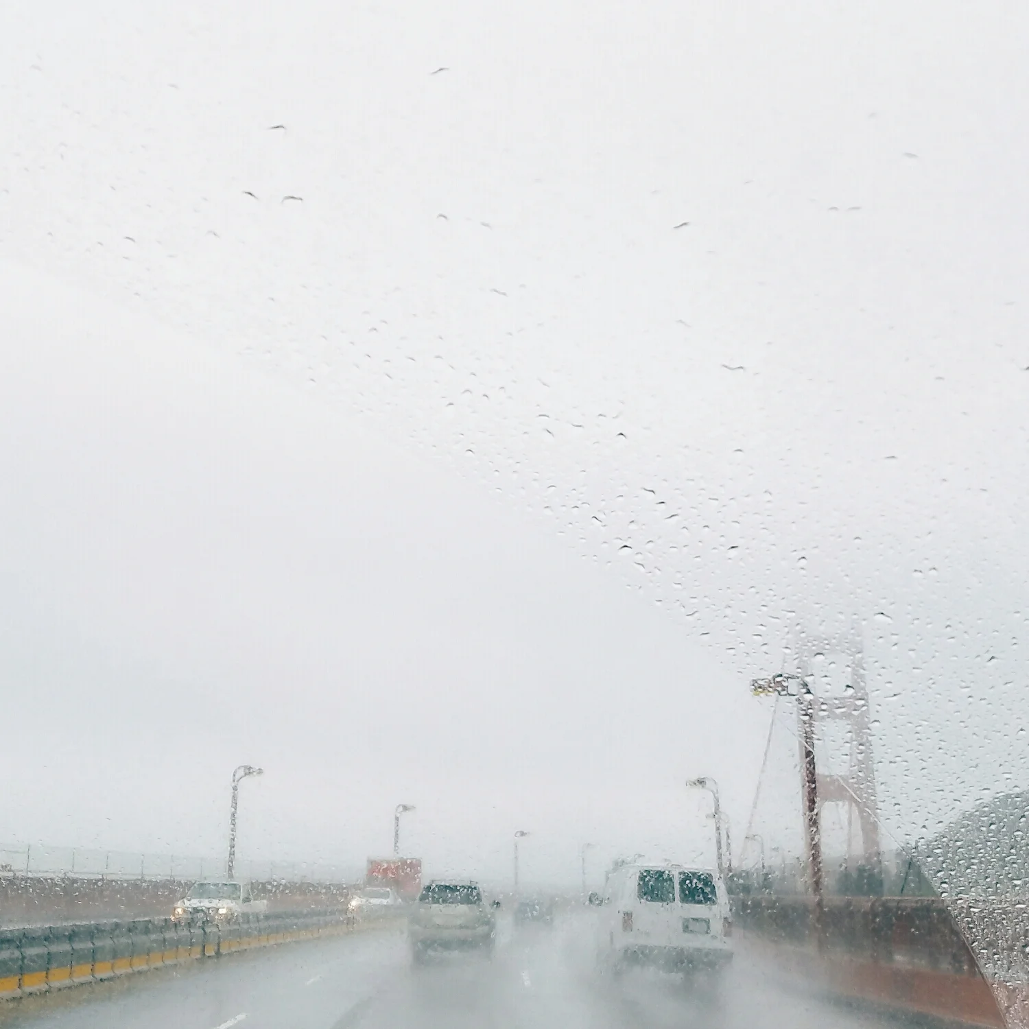 A brief glimpse of the Golden Gate bridge through the rain on our way into the city for a day full of meetings