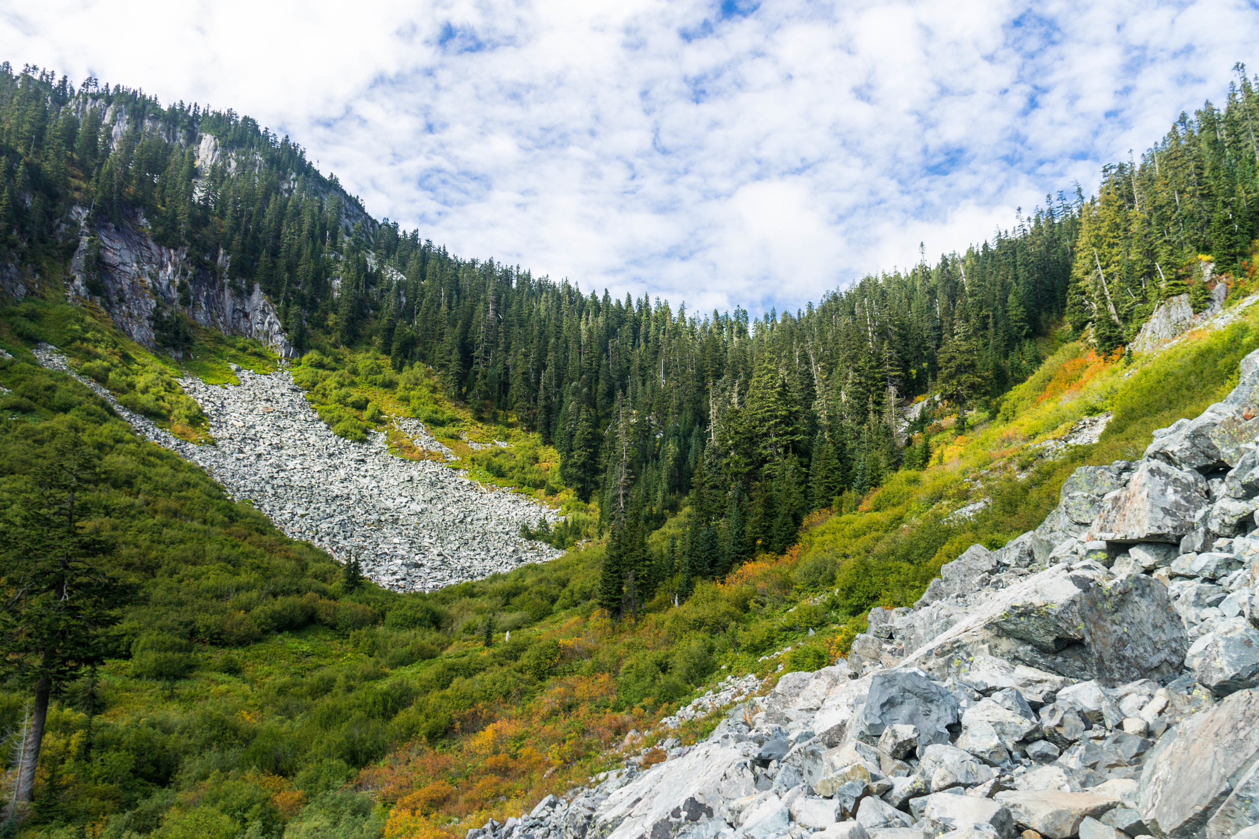 Looking up the valley at Hemlock Pass, where we were headed