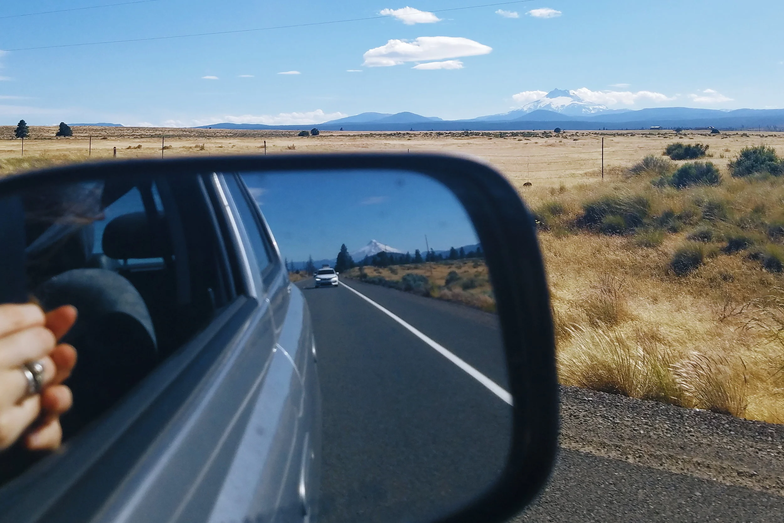 Mt Jefferson out the window and Mt Hood in the mirror!