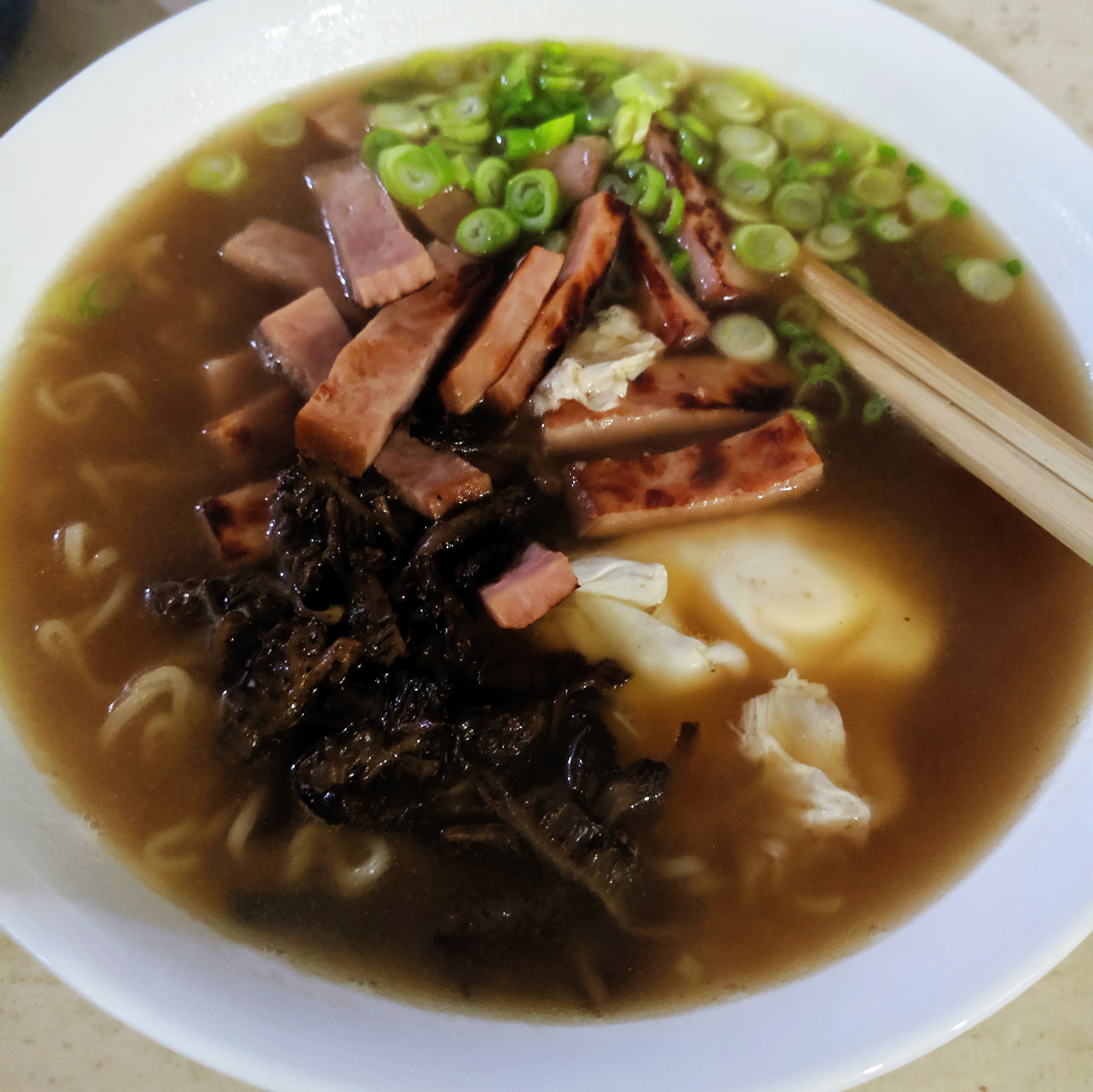 Morel ramen! Other toppings included green onions, ham, parsnip, and a poached egg