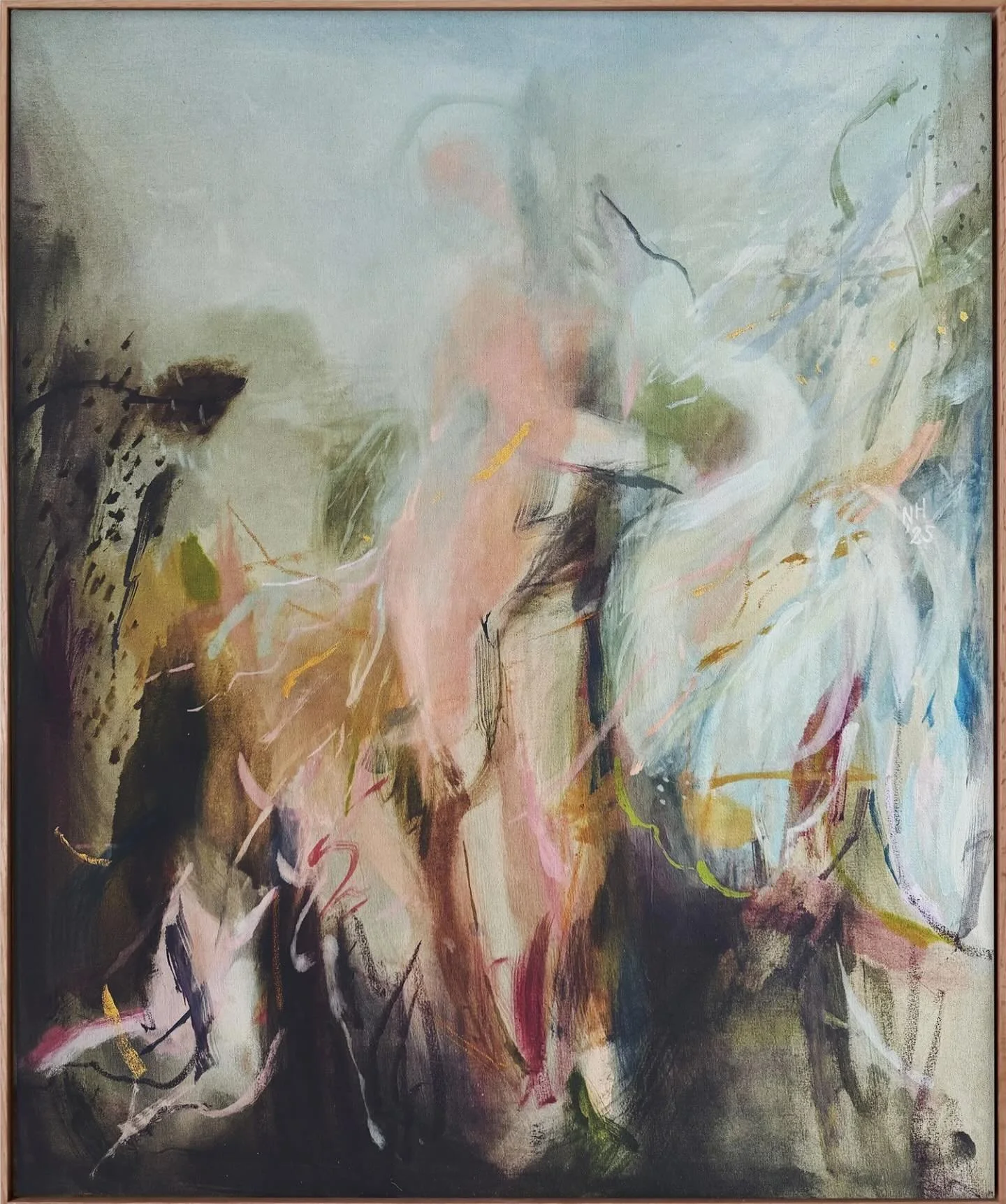 &ldquo;In God&rsquo;s Dream, Hunter revisits the myth of Leda, reframing it as a meditation on illusion and perspective. 

The painting reminds us that meaning shifts depending on the frame through which we choose to view it, and that our experience 