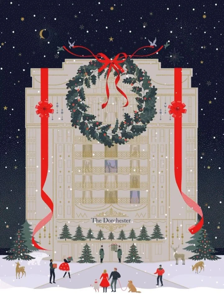 Eighteen months ago, I had the pleasure of creating a Christmas campaign for @thedorchester . The artwork became both a card and a calendar. 
I remember indulging in the smallest details, tiny characters gathering beneath the hotel&rsquo;s grand fa&c
