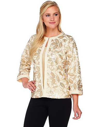 Bob Mackie's 3/4 Sleeve Sequin Knit Jacket with Solid Trim