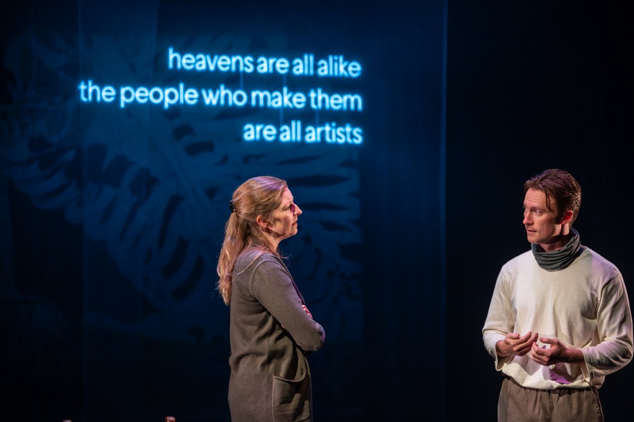  Letter from Max, a Ritual. Necessary Angel Theatre Company 2023. Photos by Dahlia Katz  Maev Beaty, Jesse LaVercombe  Set &amp; Costumes Designer - Michelle Tracey Lighting Designer - Rebecca Picherack Sound Designer - Debashis Sinha 