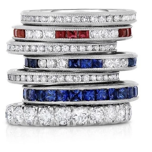 Wednesday Wedding Stacks ! #platinum #diamond #ruby #sapphirerings #eternitybands #stackables #finejewelery #aglantzinc #weddingwednesday