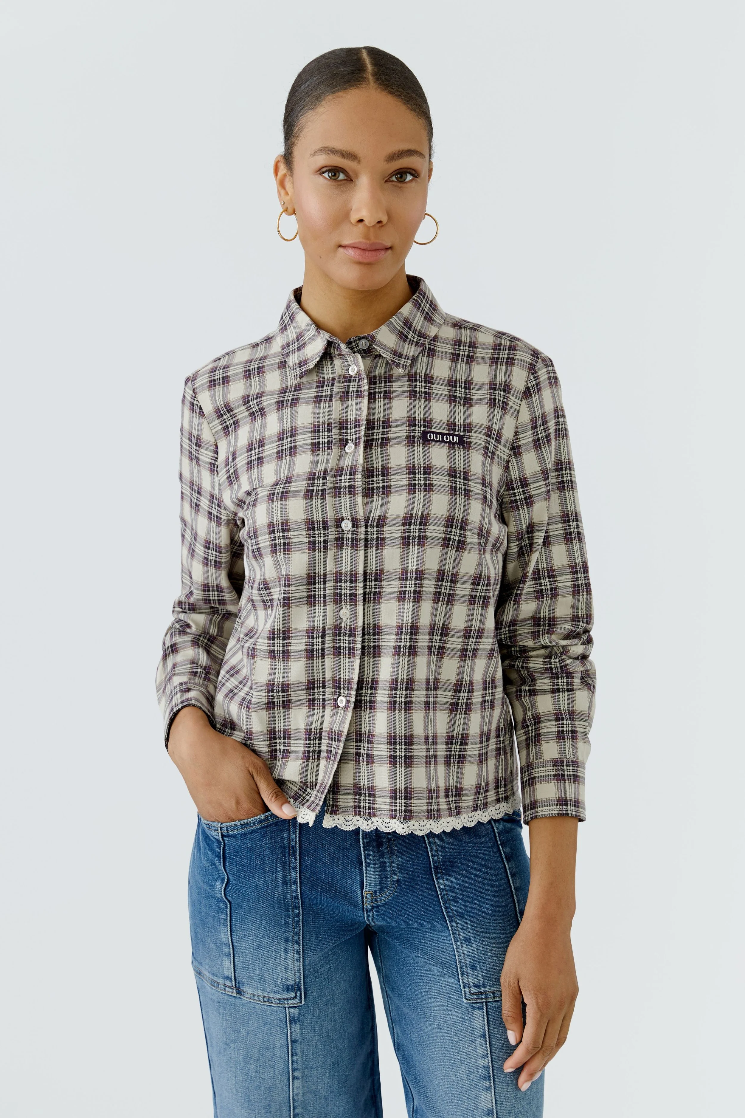 Check Cotton Shirt in Light Camel Lilac - Oui
