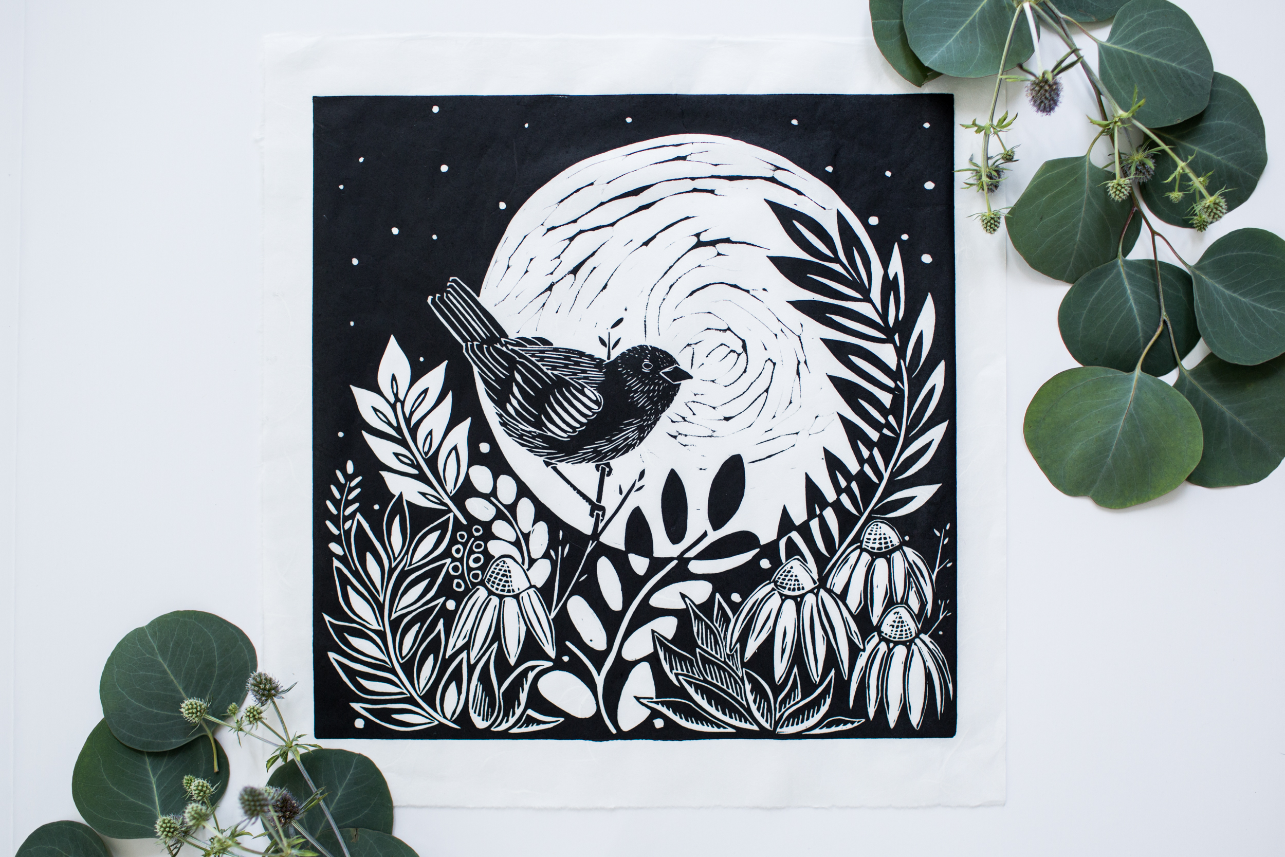 The Warbler & The Moon, 12" x 12" Linocut on Unryu
