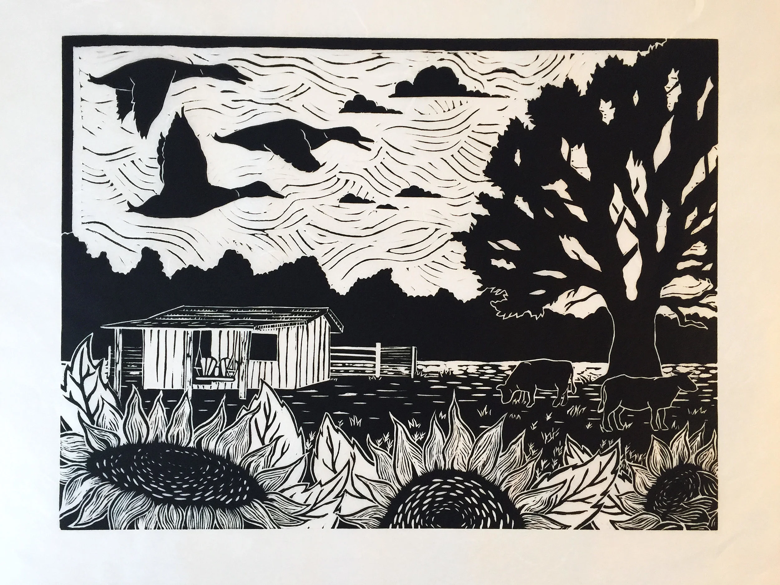 'Going to The River" was commissioned by a sweet wife for her husbands family, in memoriam for the family patriarch, who loved his land along the Pee Dee River. Sunflowers, cows, and birds of all kinds were ever present on the land he cherished.