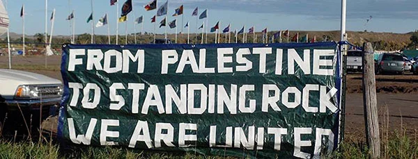 Activists from around the world, including Palestine, are expressing solidarity with the water protectors (photo courtesy Mondoweiss.net).