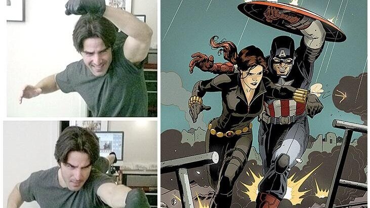 Paolo Rivera posing as reference for his AVENGERS cover: Black Widow &amp; Captain America paolarivera.com