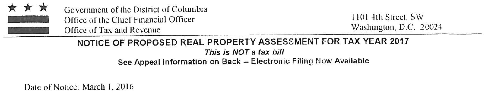Your notice from the Office of Tax and Revenue will look like this.