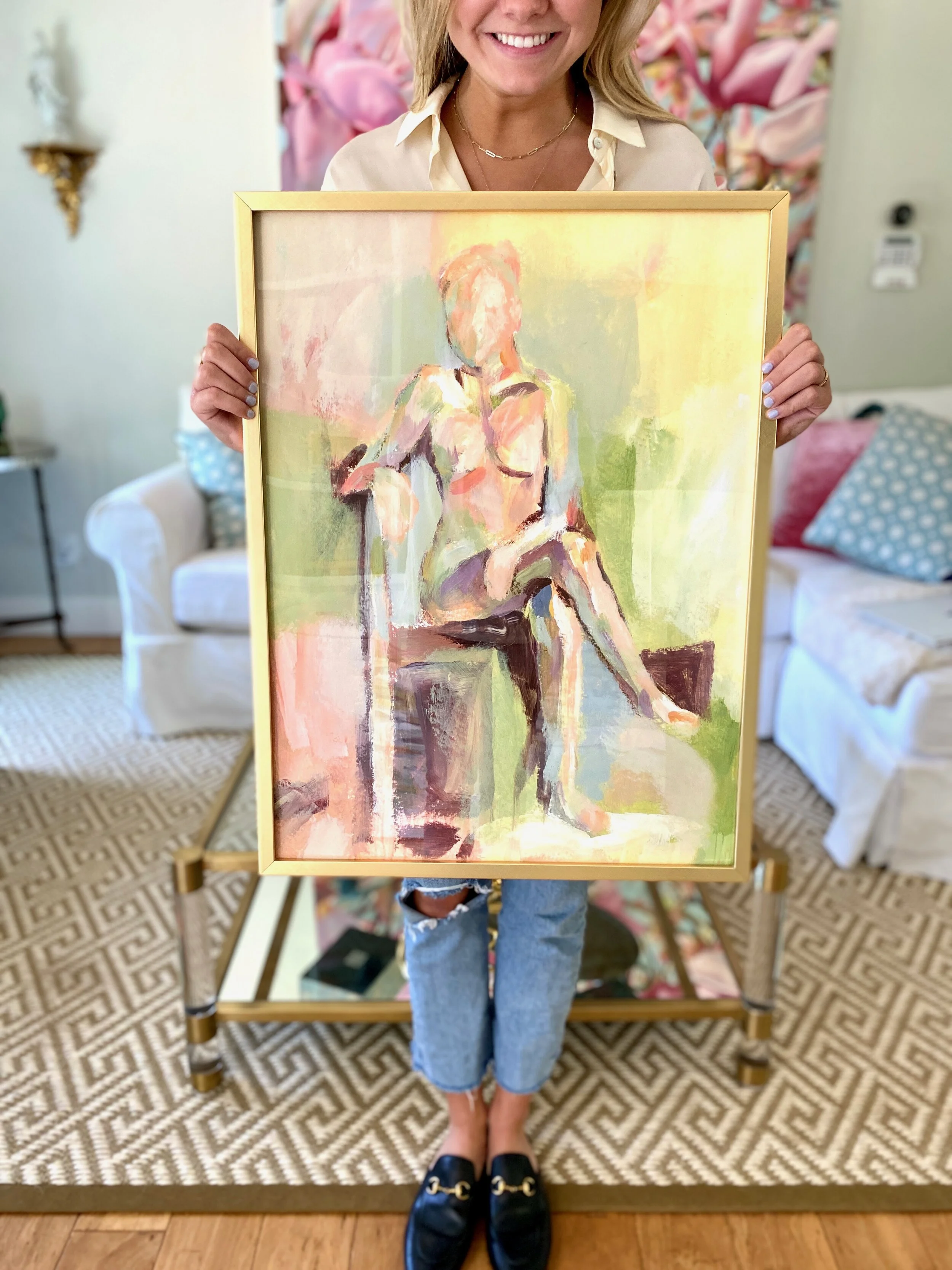 Colorful Giclee Limited-Edition Art Print of Mixed Media Female Figure Painting by Artist, CoCo Zentner in gold frame