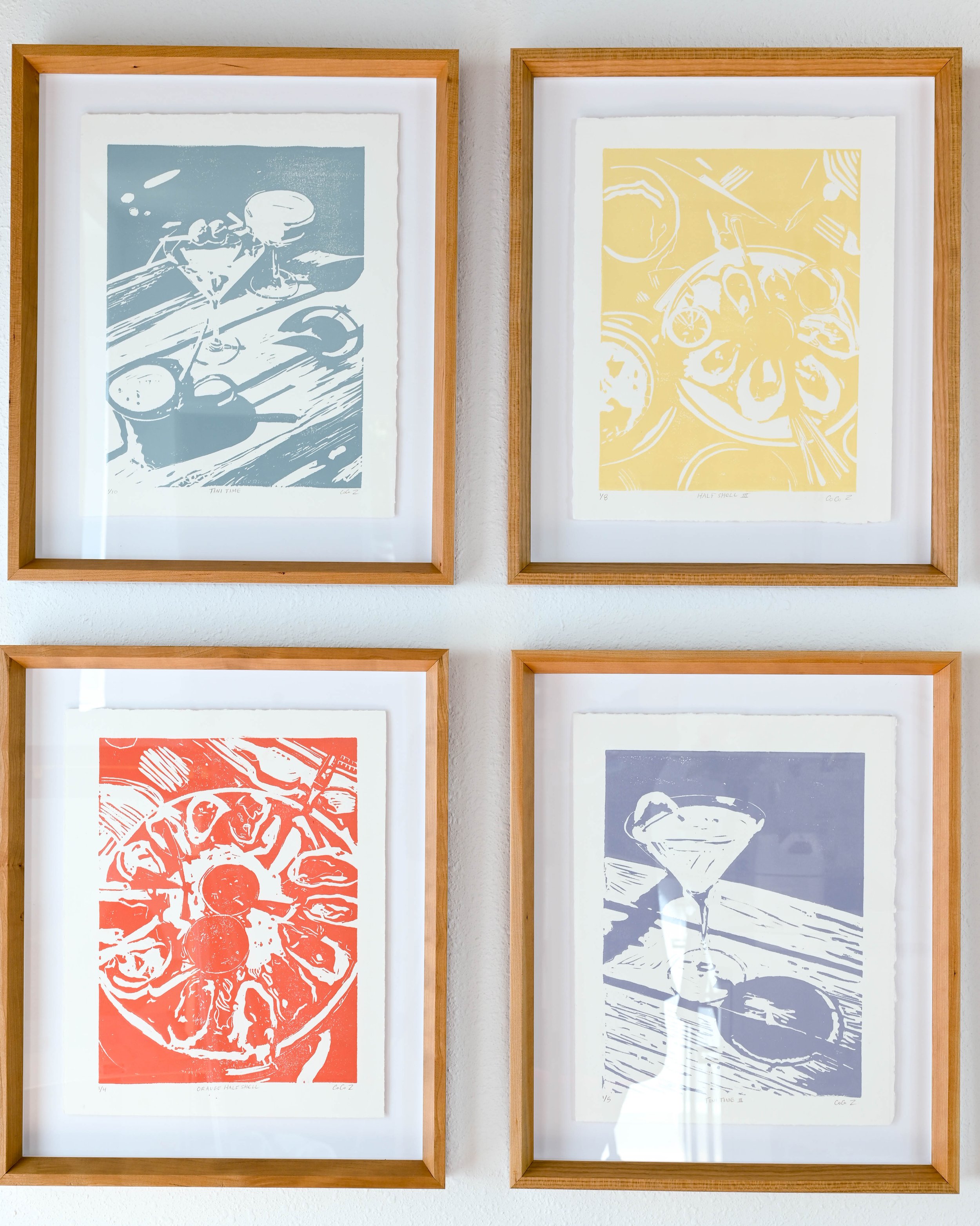 Framed Block Prints of martinis and oysters