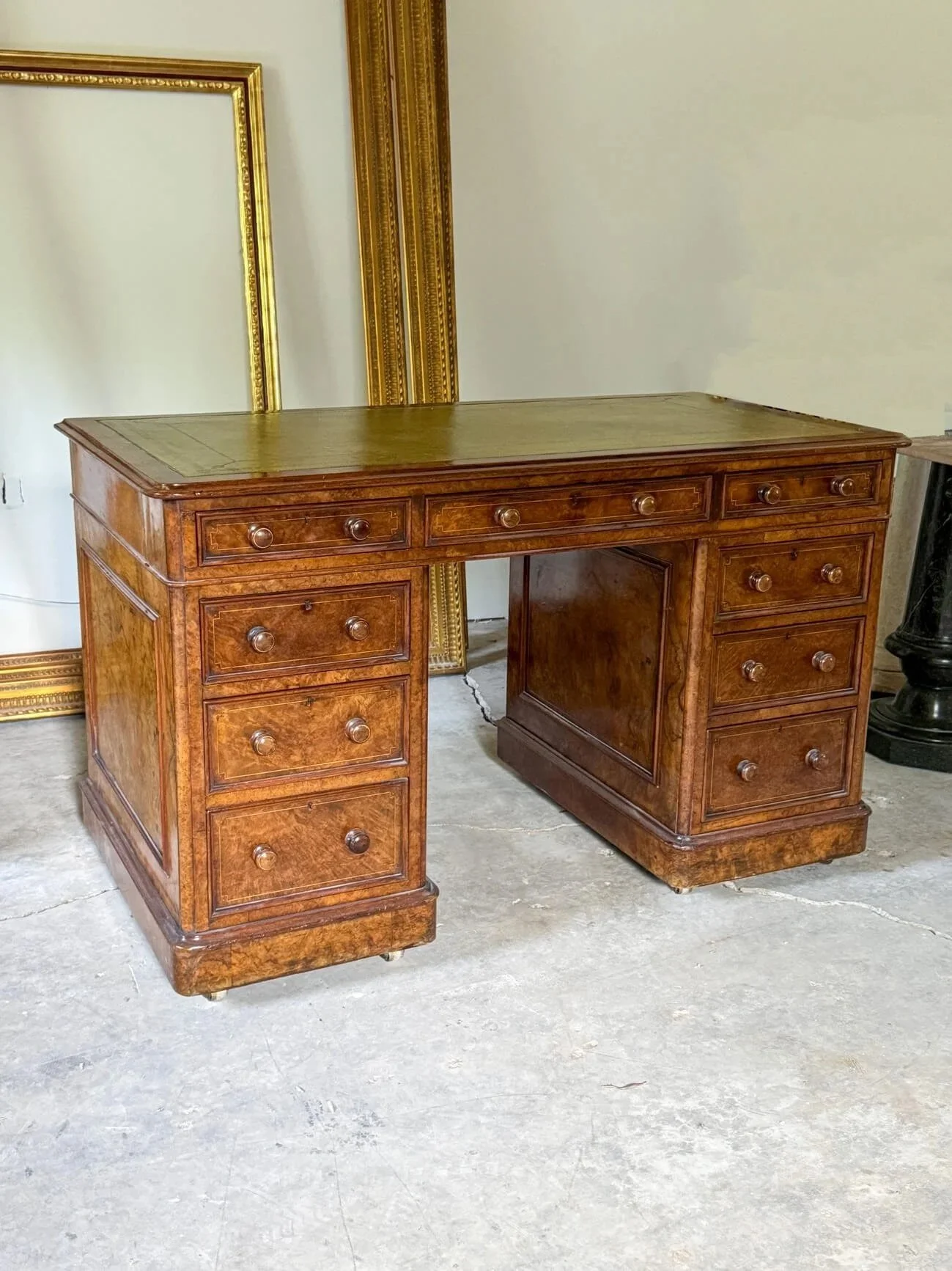 Burl Walnut Pedestal Writing Table