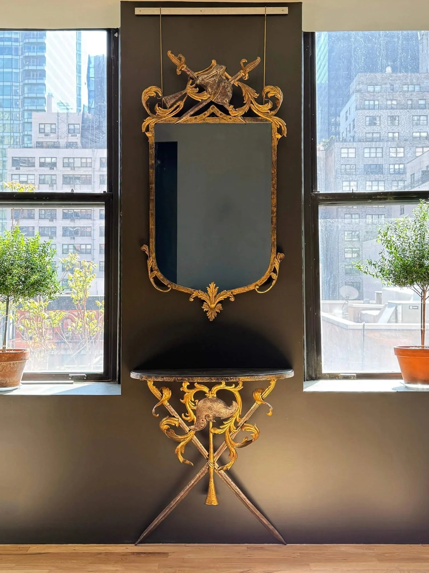 Parcel Gilt and Steel Console and Mirror