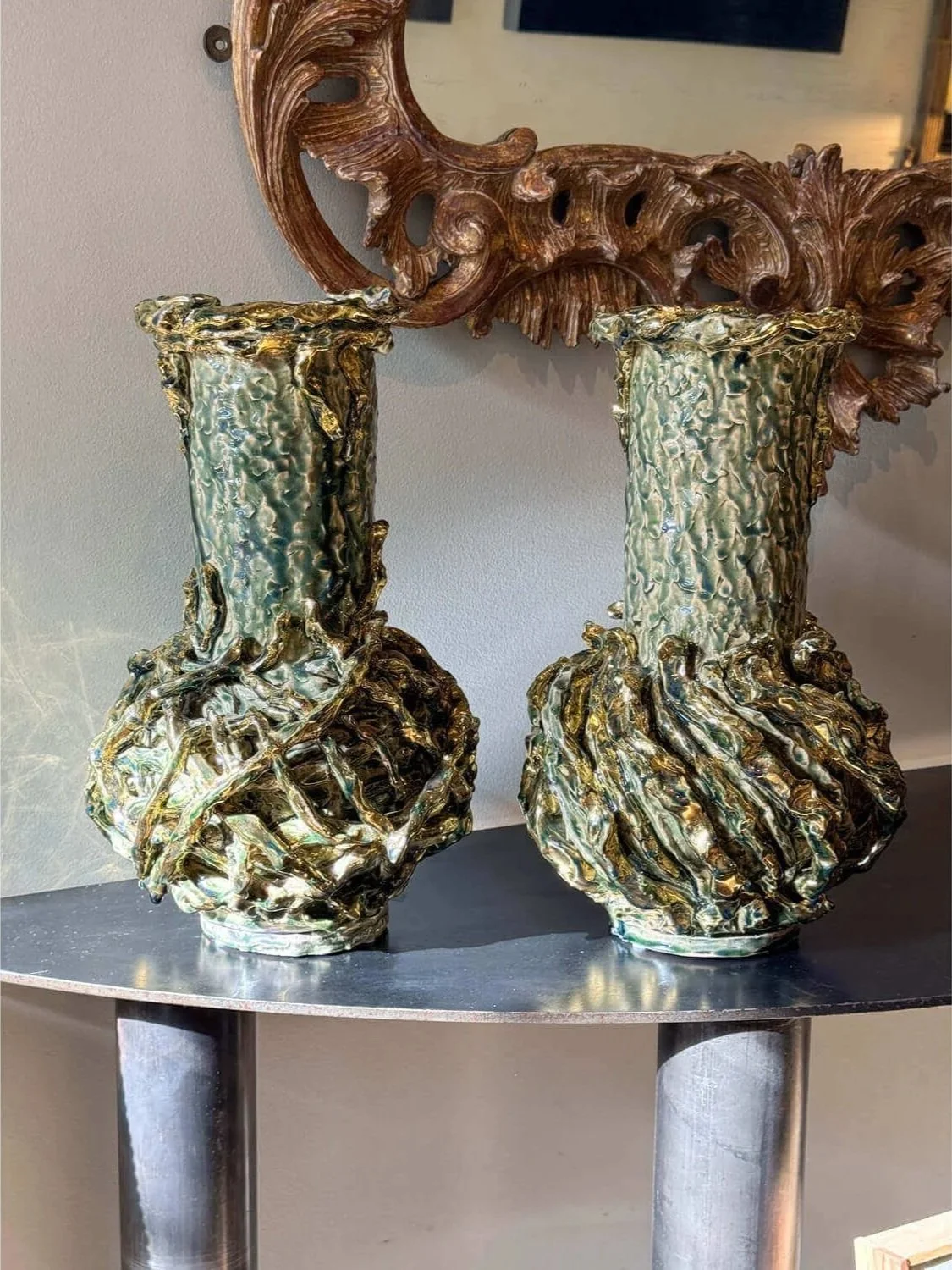Pair of Gilded and Glazed Ceramic Vases
