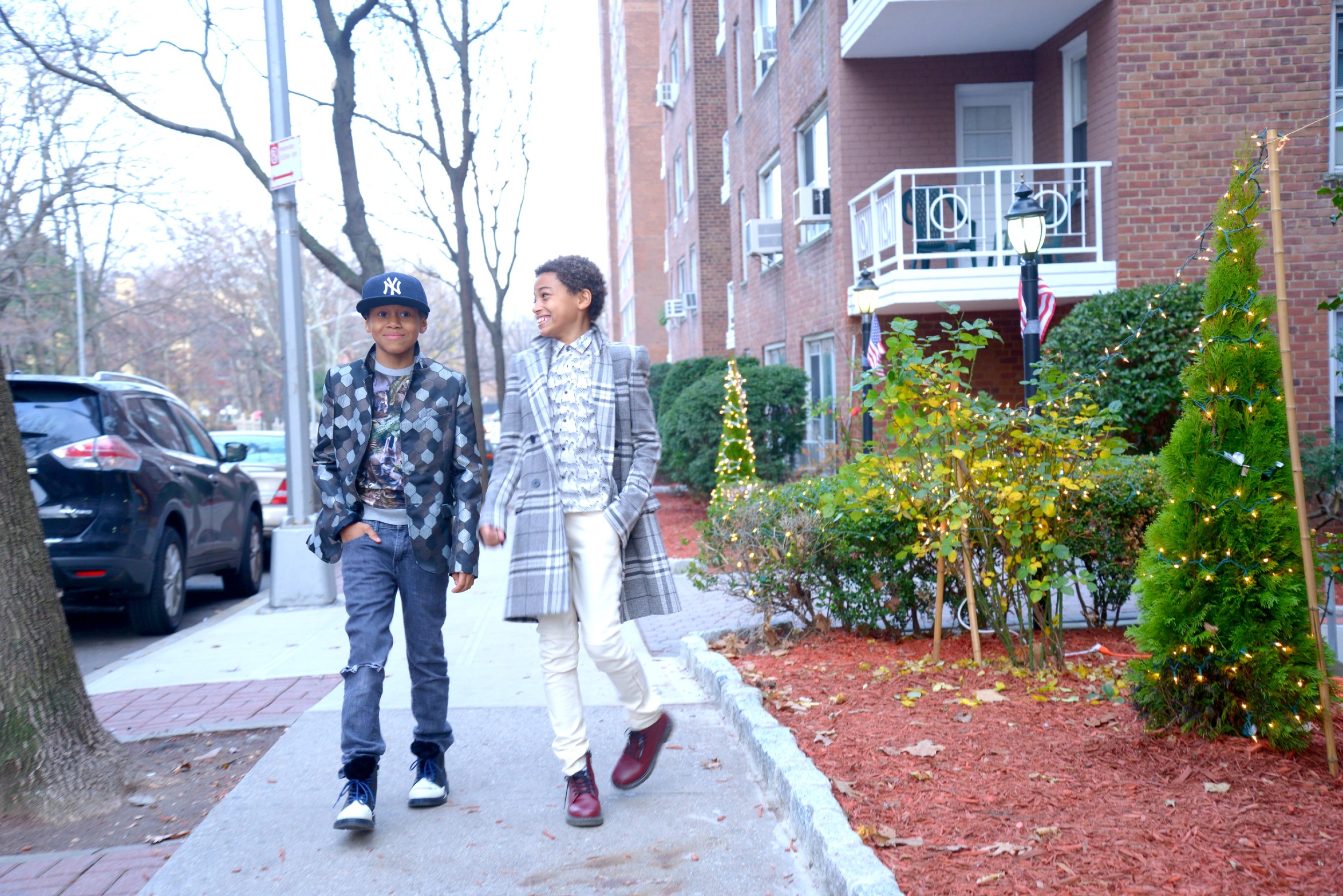 Tyler: Bonnie Young Blazer, Molo Shirt from Babesta, Dr Martens // Tristin : Bonnie Young Jacket and Pants, Emile Et Ida Shirt from Shan and Toad and Dr. Martens