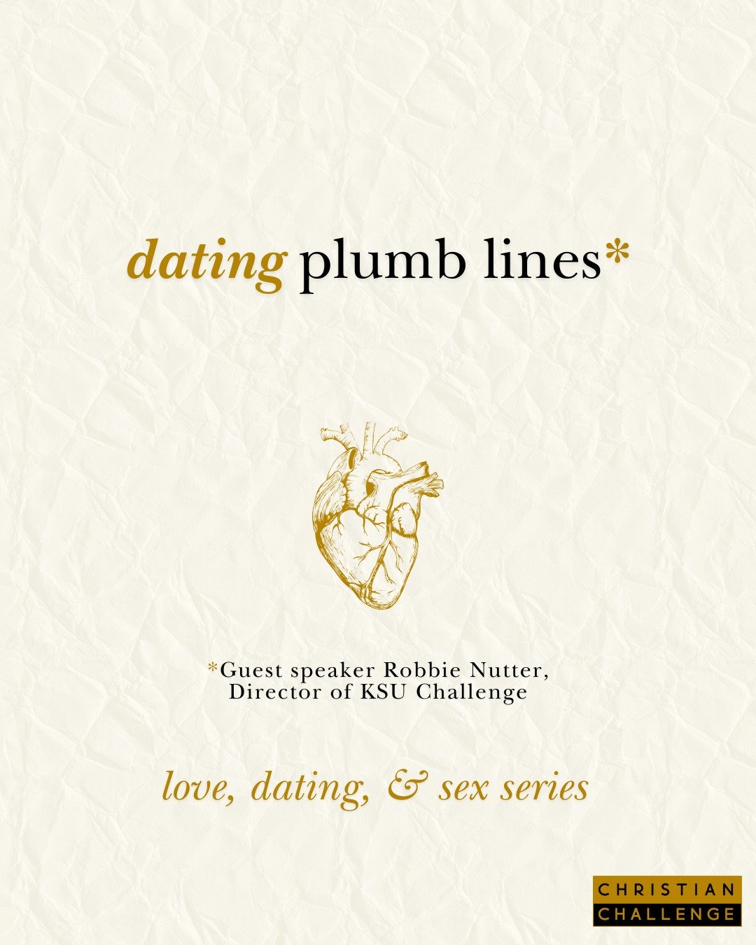 We are pumped to have Robbie Nutter from K-State speak at Challenge tonight about DATING! You don't want to miss this tonight!

2023 W 12th Ave  8:00pm
Pick up in front of Plumb Hall  7:30pm