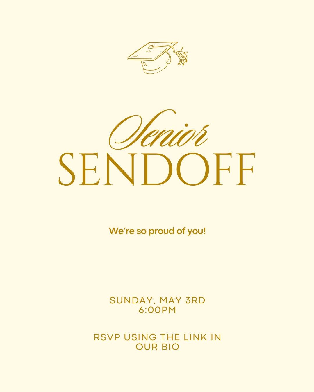 Congratulations Seniors! We are so proud of you! Mark your calendars for Sunday, May 3rd at 6:00pm! We want to send you off into post-grad and celebrate you with some desserts! 

If you are a senior, or leaving ESU for student teaching please fill ou