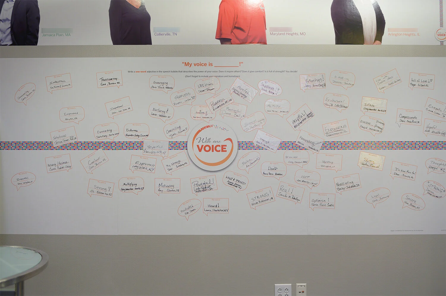 Above is the patient wall where conference attendees wrote inspirational messages about their MS journeys (patient names blurred to maintain privacy)
