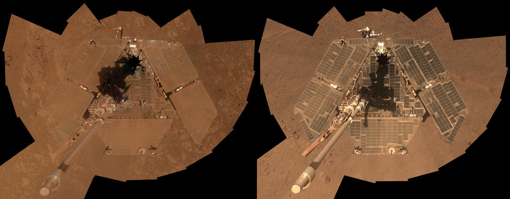 Dr Abby Fraeman returns to the show to talk about Opportunity, the rover that won’t quit. Along with its sister rover, Spirit, Opportunity has discovered Mars rocks that could have only formed in the presence of water. Image: Opportunity before and after a dust storm . Image: JPL/Caltech.