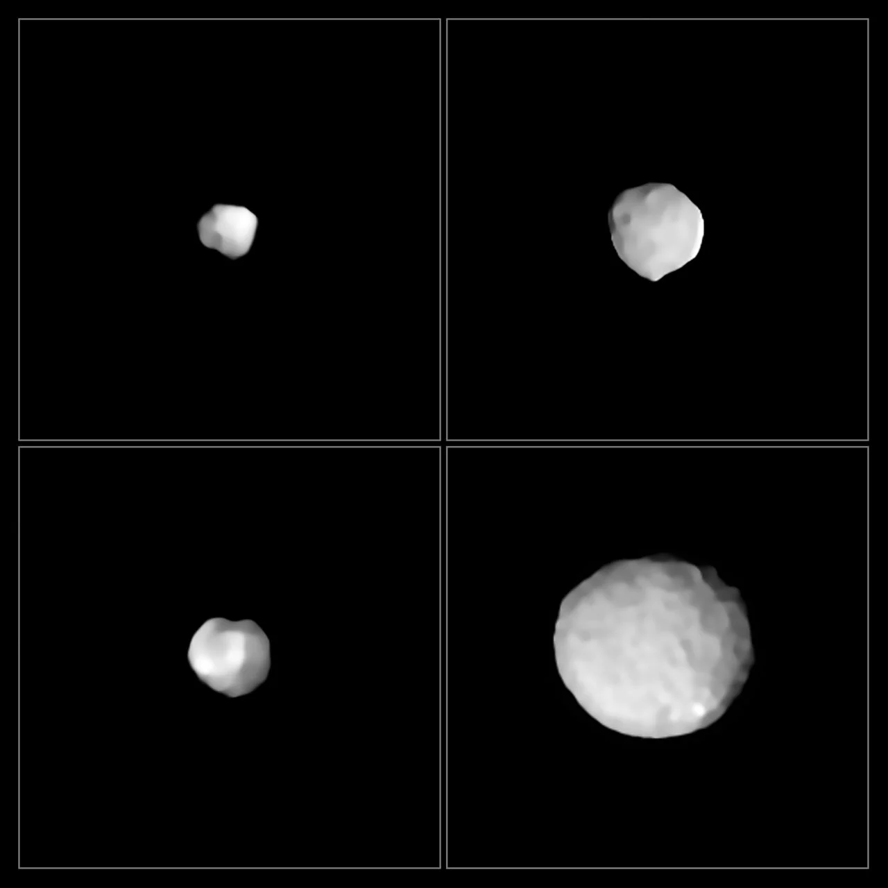 Some of the asteroid images taken with the SPHERE instrument . Clockwise from top left: 29 Amphitrite, 324 Bamberga, 2 Pallas, and 89 Julia. Images collected as part of an ongoing ESO large program by Pierre Vernazza et al.
