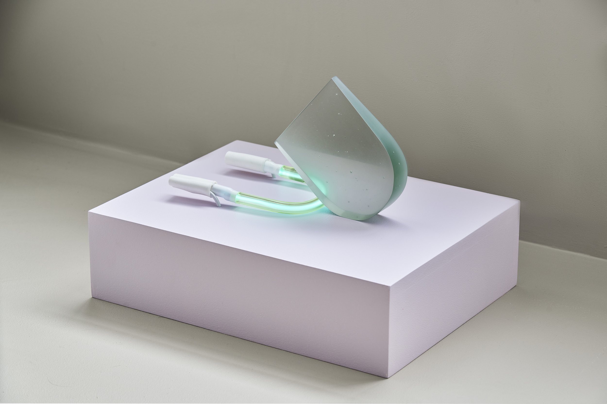 everybody moved on I, I stayed here, 2022, hot cast and cold worked glass, blown glass neon, wood, paint