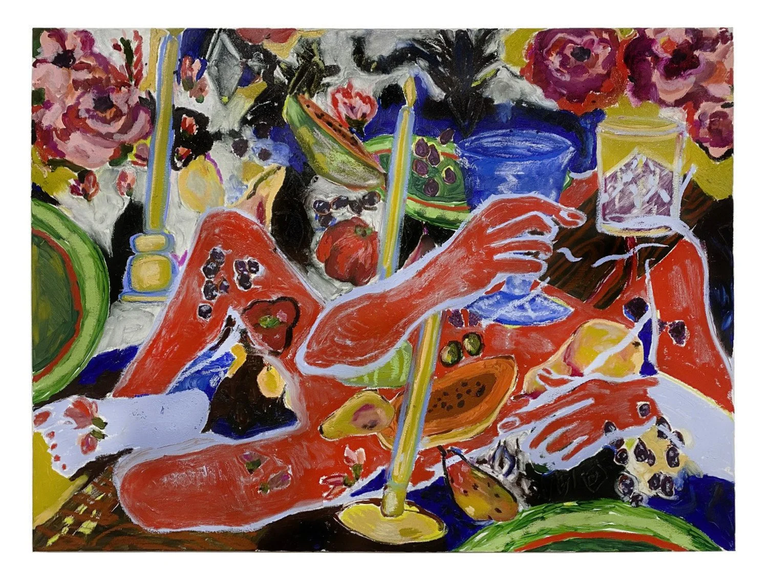   Feast foreplay , 2023  Oil and oil stick on canvas  36 x 48 inches 