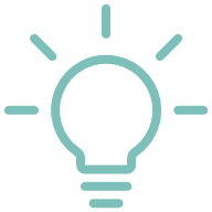 Icon of a light bulb with rays of light emanating from it.