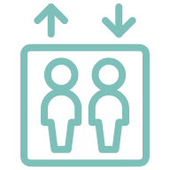 Icon of two people, one female and one male, with upward and downward arrows above them, indicating elevator operation.