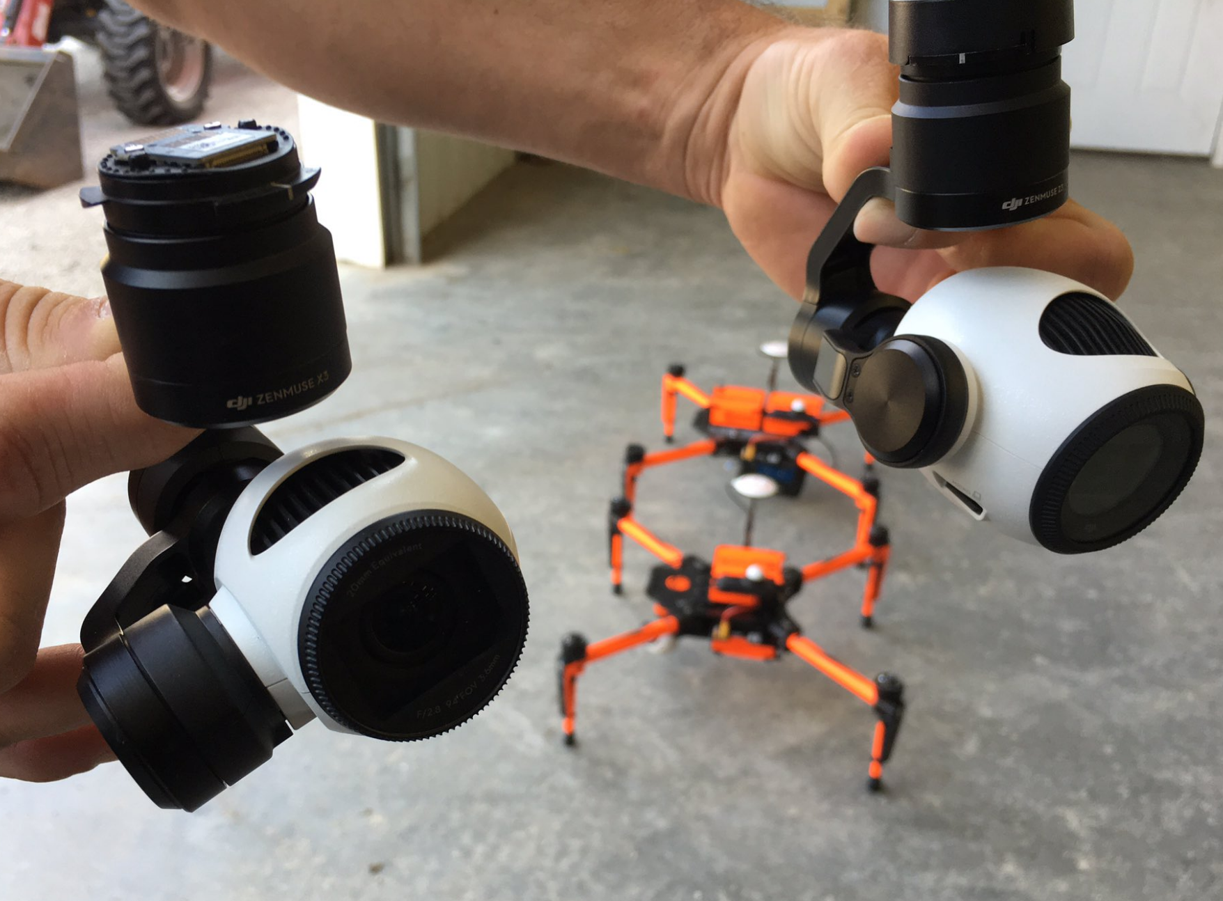 Left: Stock DJI X3 camera. Right: NEW DJI DJI Zenmuse Z3 camera with integrated zoom.
