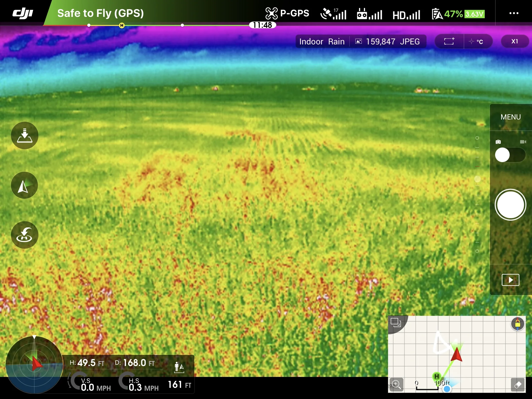 DJI Go App operating the FLIR Thermal sensor, LIVE view. 