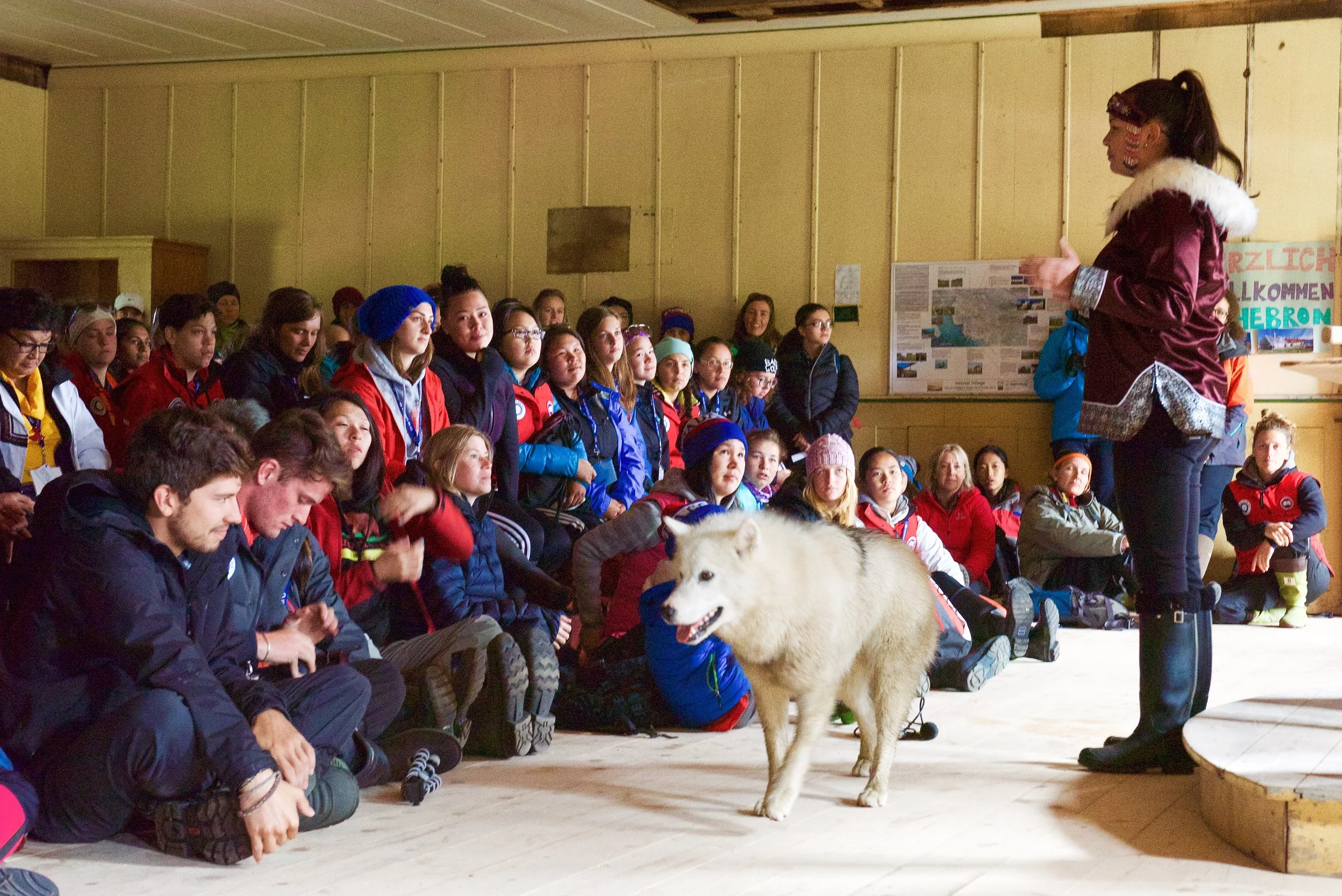 Maatalii Okalik, President of the National Inuit Youth Council, speaks to students in Hebron, Nunatsiavut. Mutely shared a message from Natan Obed, president of Inuit Tapirriit Kanatami. 