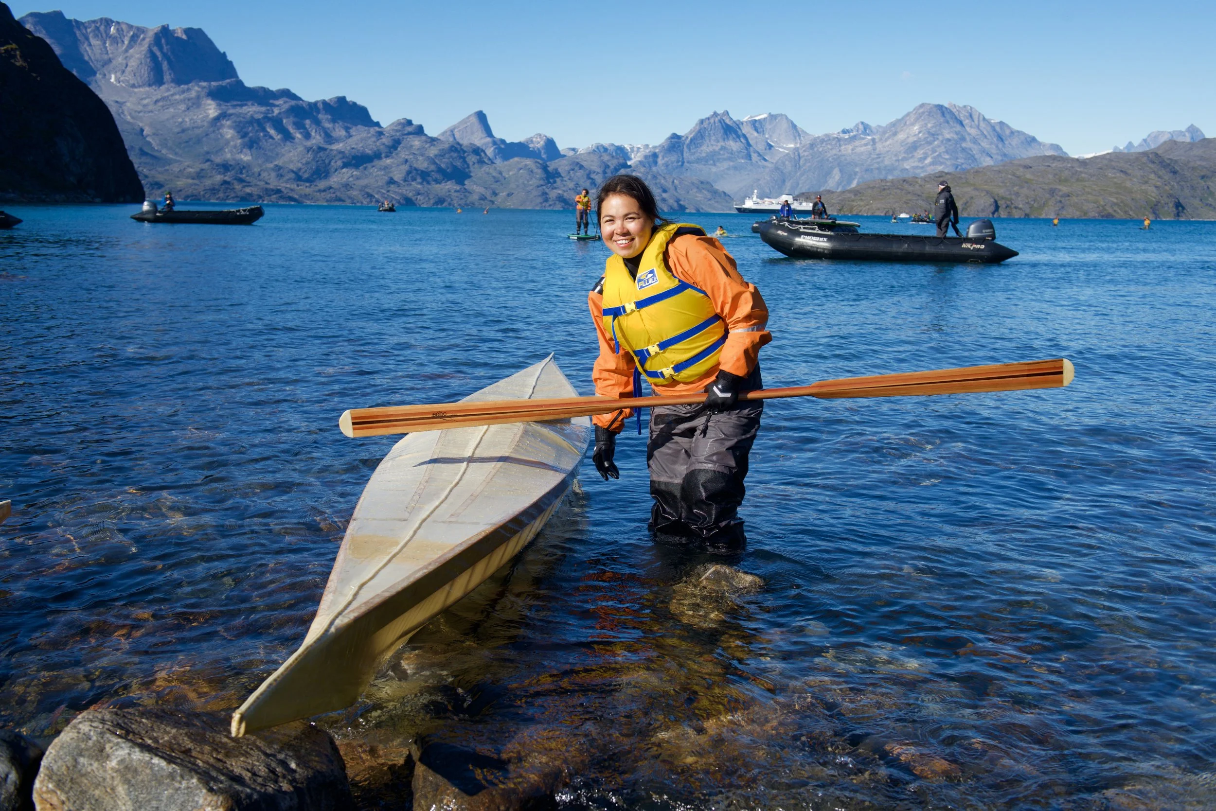 Linda Kristiansen from Maniitoq and Nuuk, Greenland, paddles a qajaq for the fist time. Linda's mom was part of the revival of qajaqing traditions in Greenland. 