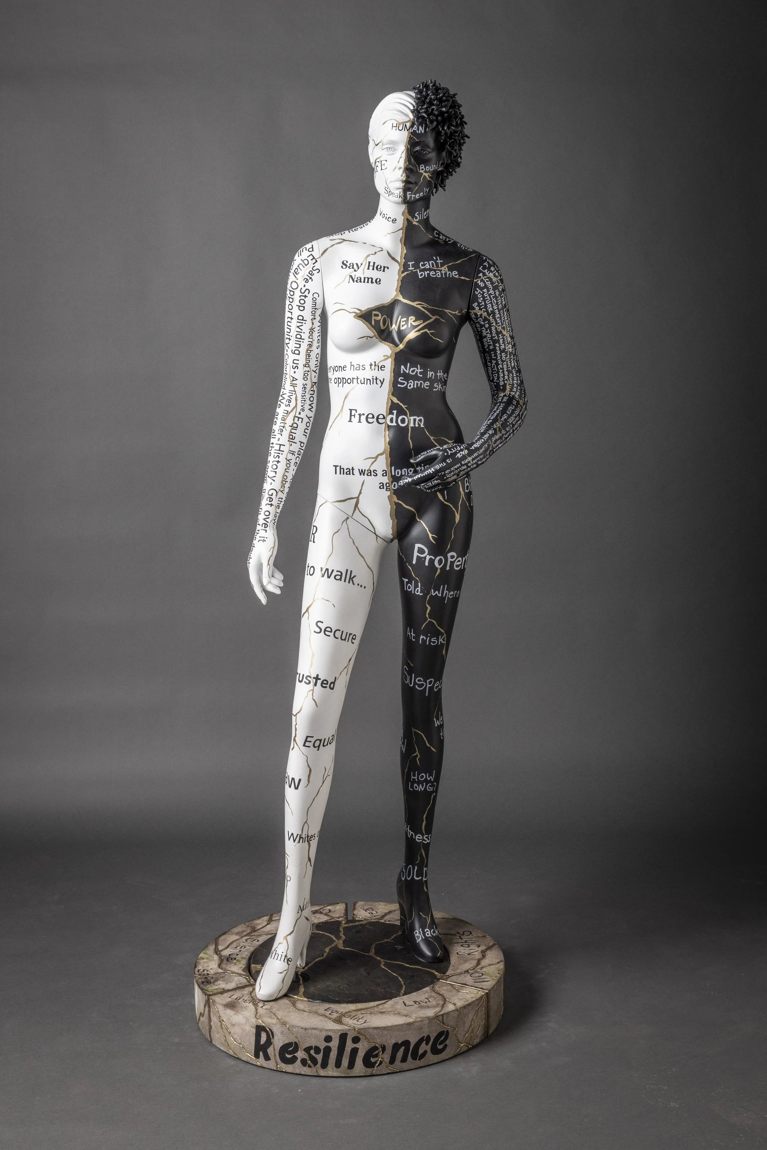  The Language of Color- 1 Body, 2 History’s is a sculptural work that examines how race is written onto the body through language, perception, and inherited narratives.  A life-scale figure bears layered markings that speak to both imposed identity a