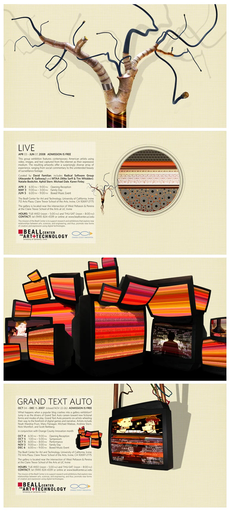 University of California, Irvine / Beall Center for Art & Technology mailable exhibition announcements 9"x6" front & back / 2007-08