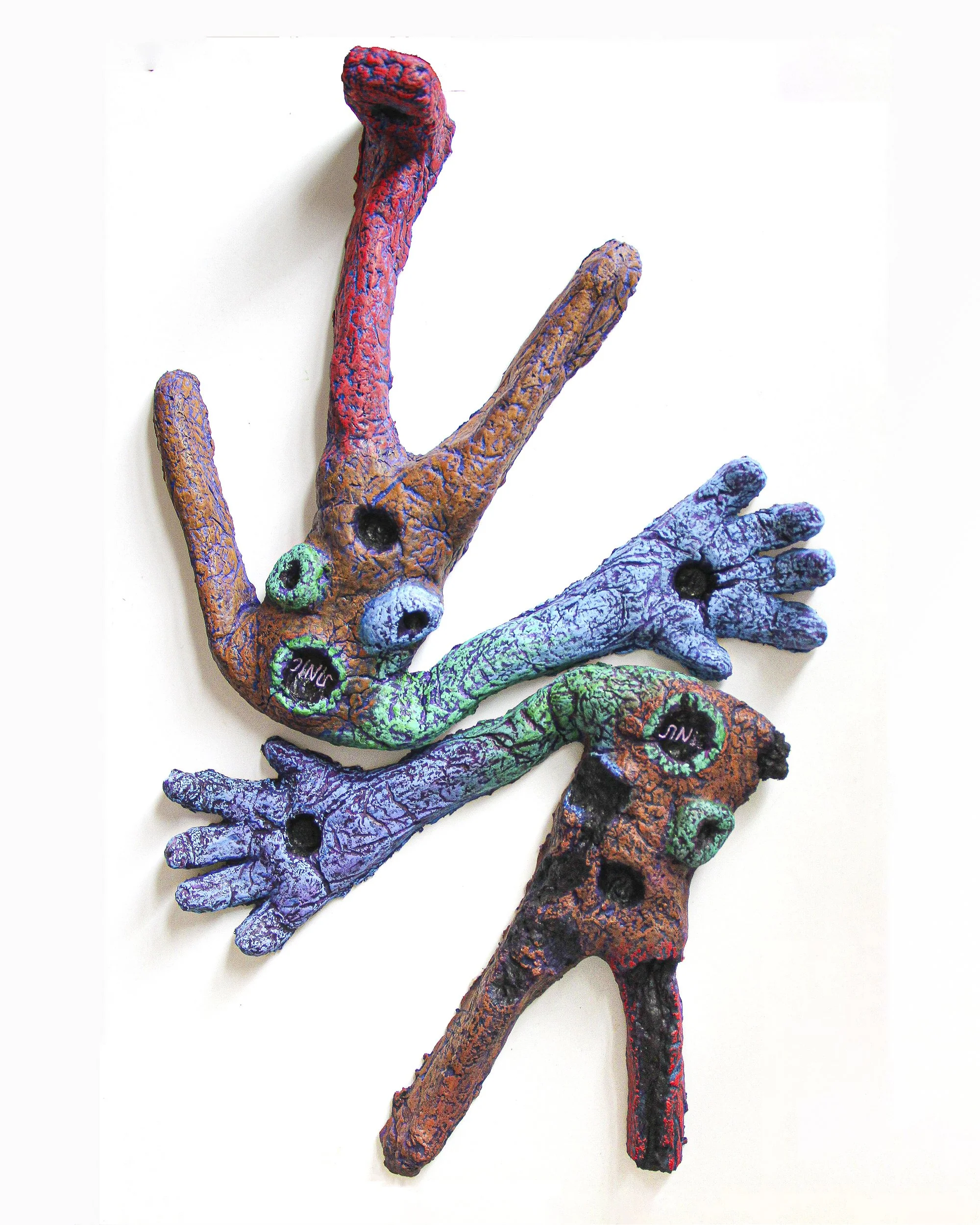 Exhausted Golem ד (Self Portrait) & Exhausted Golem ג (Self Portrait), 2025 Paper, clay, watercolour, and wax pastel. 17 × 23 × 5 cm. (x 2)