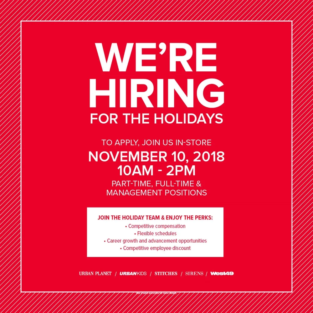 JOIN THE MOST FASHIONABLE TEAM IN RETAIL! To Apply, Join Us In-Store on November 10th at 10am - 2pm! Hiring Part-Time, Full-Time and Management Positions.