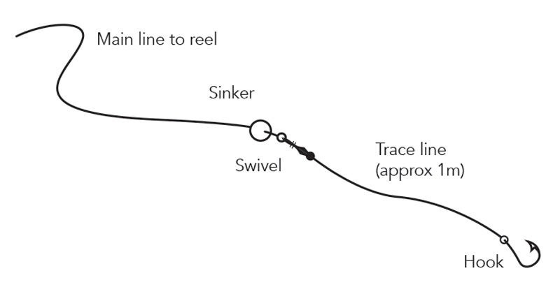 To set up a fishing rod hook and sinker