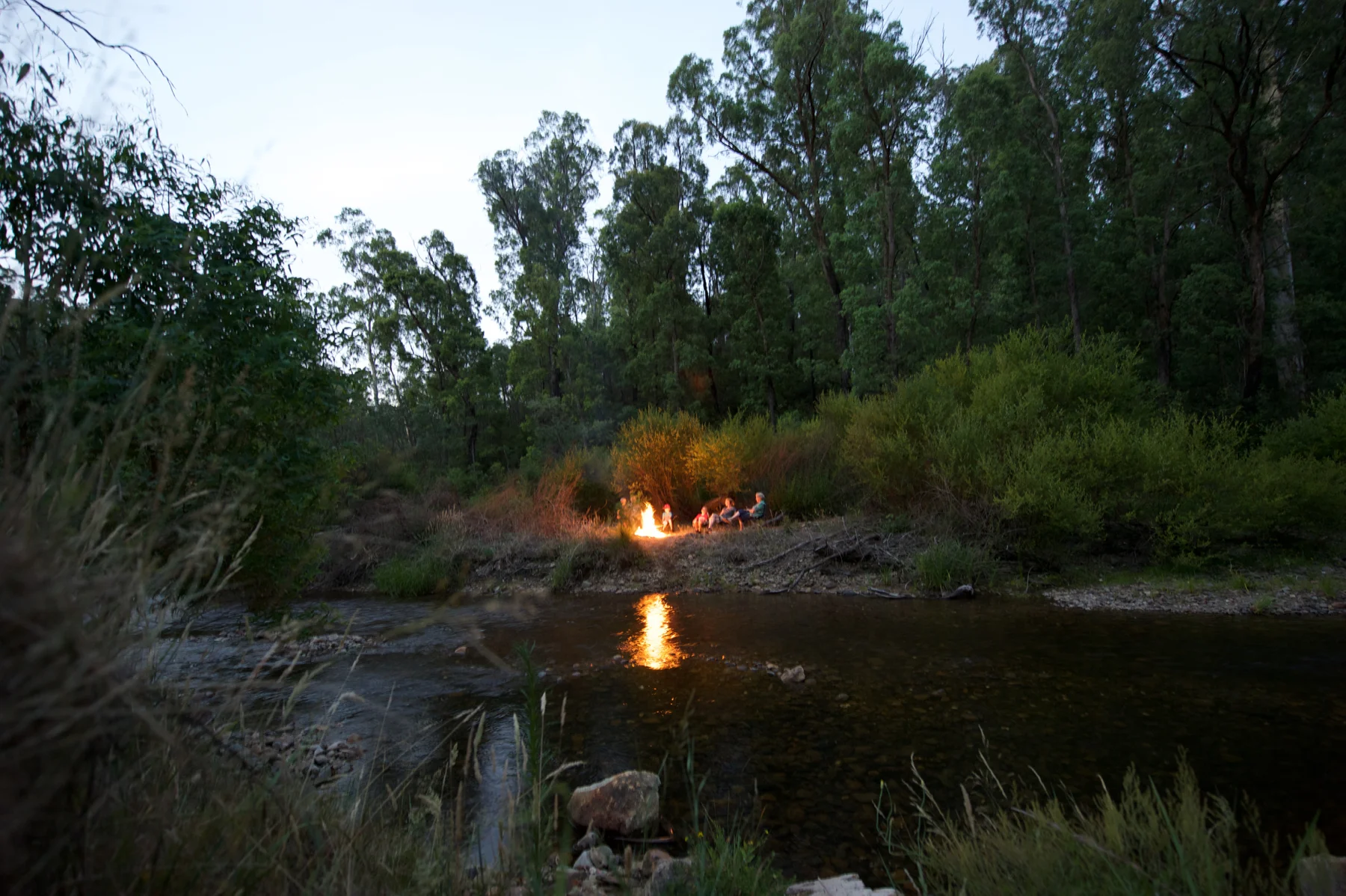 camp fire, river, island, kids, camping