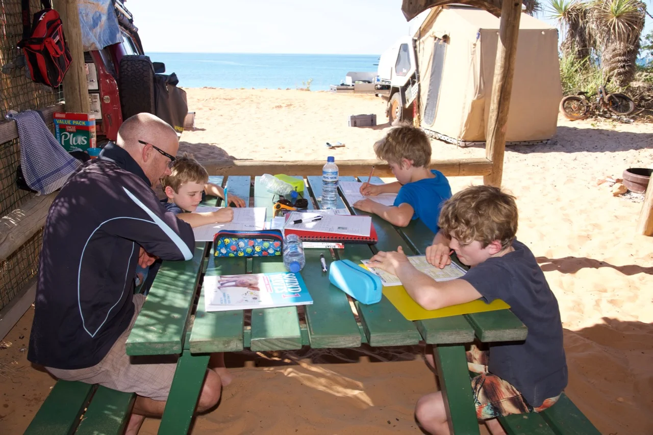 School work with kids at the beach