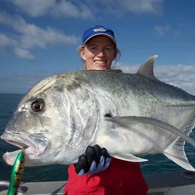Life is great with a good GT in your hands and even better when it is much bigger than anything your husband catches that day @jarviswalkerbrands @halcotackle  #lovetheoutdoors #camping #halco #girlsfishtoo #westernaustralia #boat #lovefishing