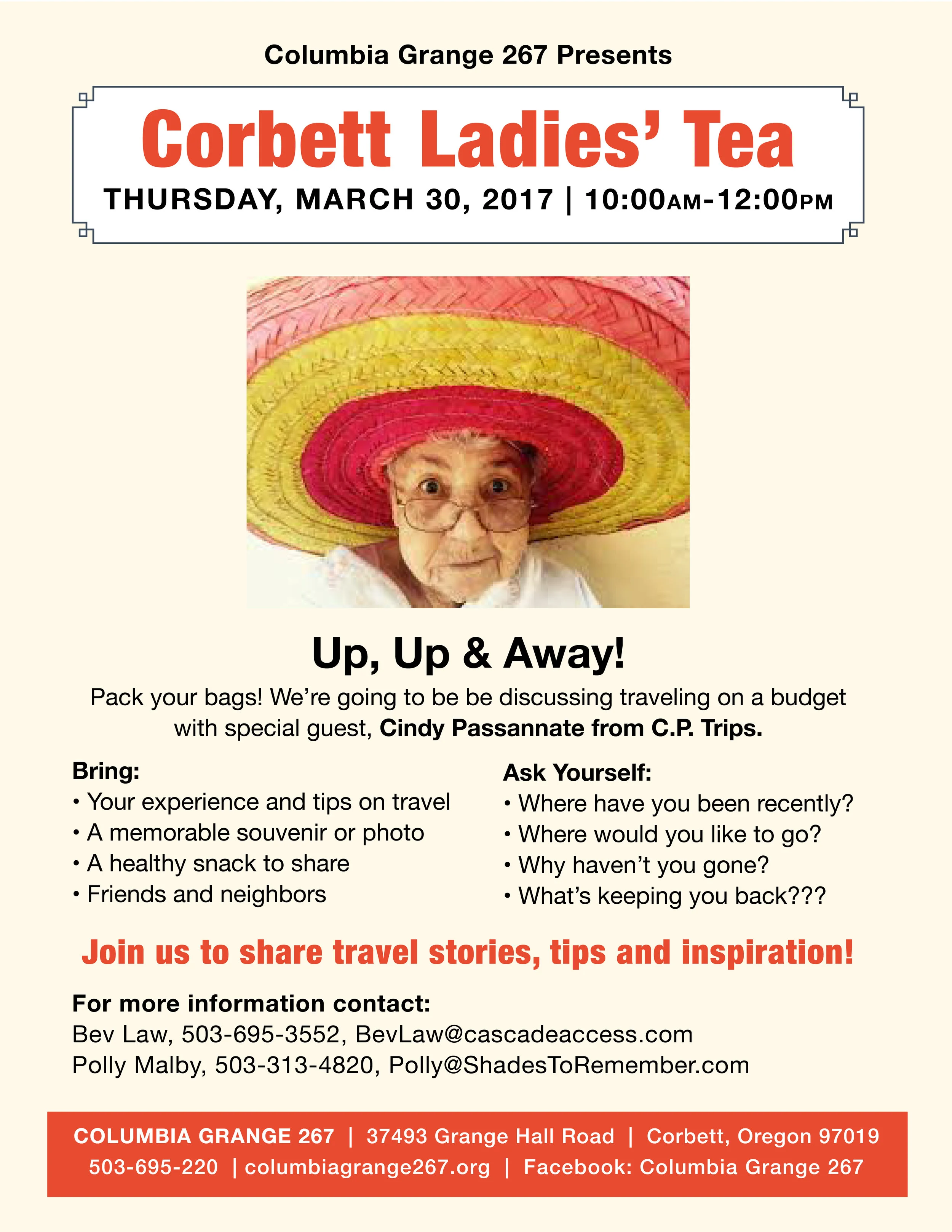 Upcoming Tea ideas: April – How to add value to your home, where to begin with repairs & decorating, and how to stage your home for resale May – Neighbors helping neighbors during disasters. We’ll talk about very practical ways we can take care of ourselves and help each other during scary times. This is what women do, right???!!! June – Chase Me Again Fashion Show Upcoming – Line Dancing, Improv Fun, and the Language of Love.