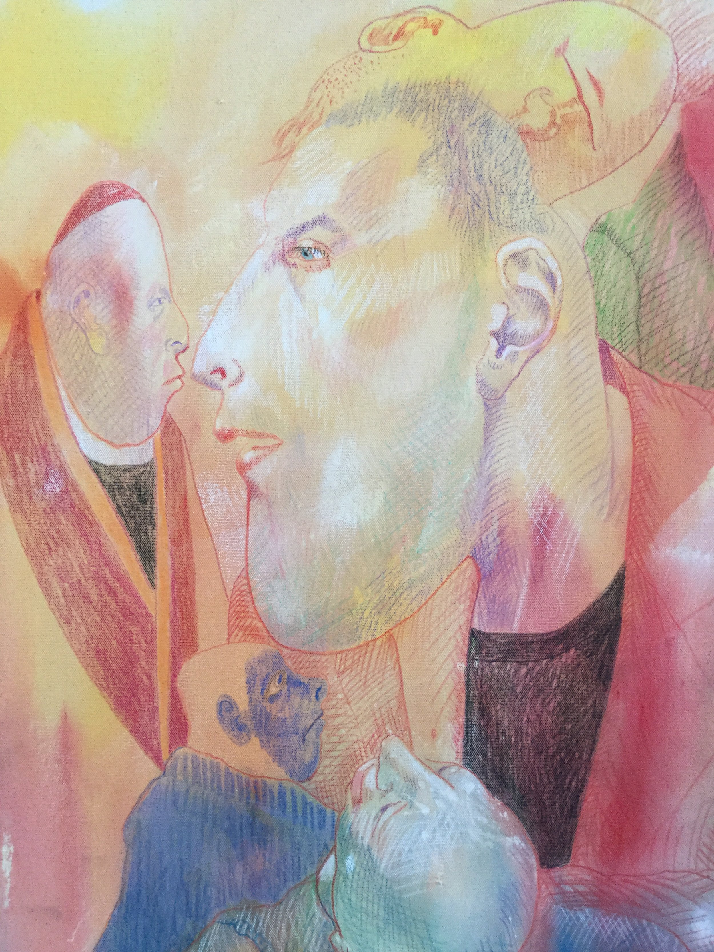 detail: believers and sceptics  acrylic and colored pencils on raw canvas  50"x40'