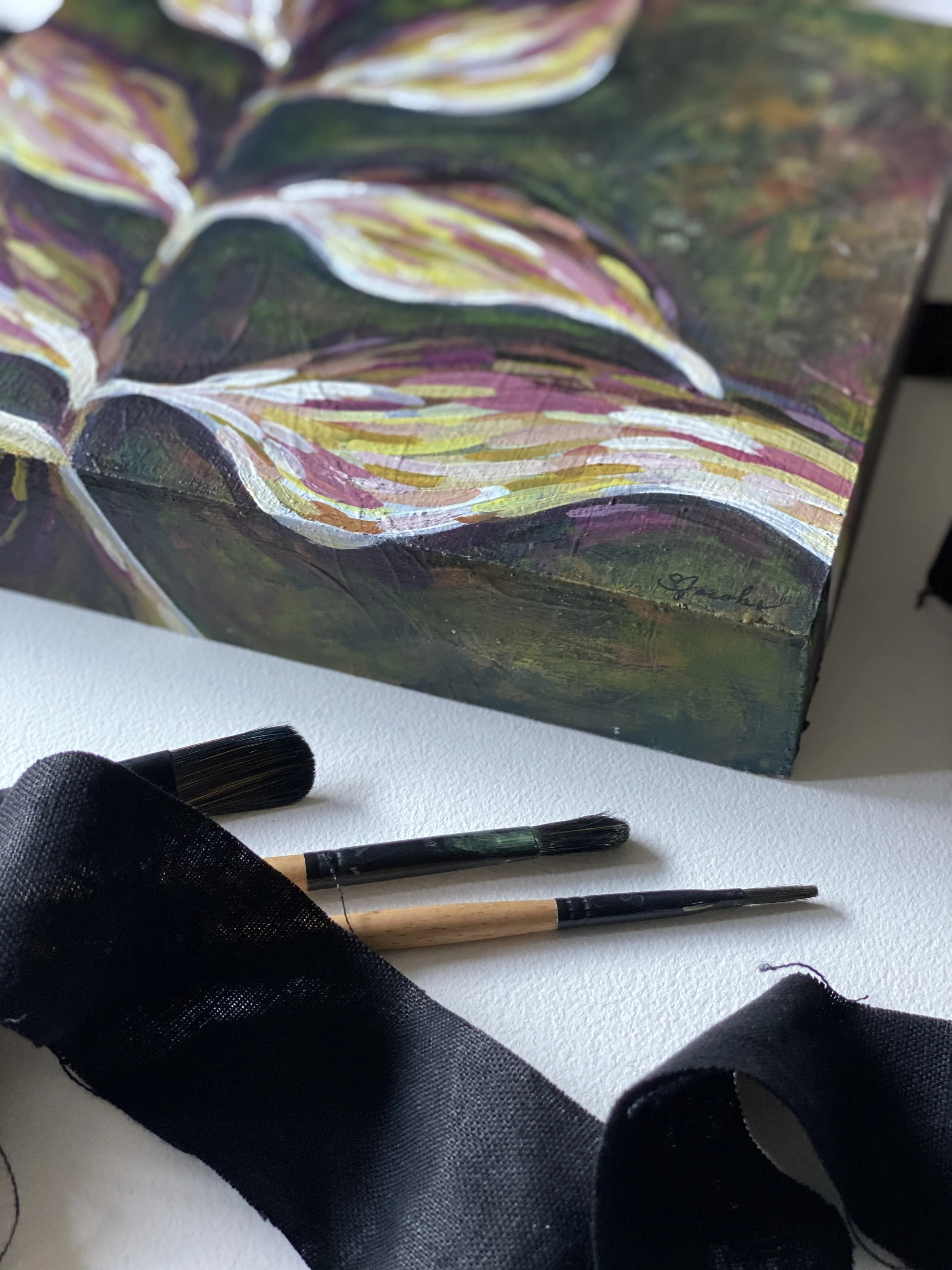 PinkBotanicalPaintingOnWoodWithRibbonBrushesSignature_ShelleyJacobsNov2021.JPG