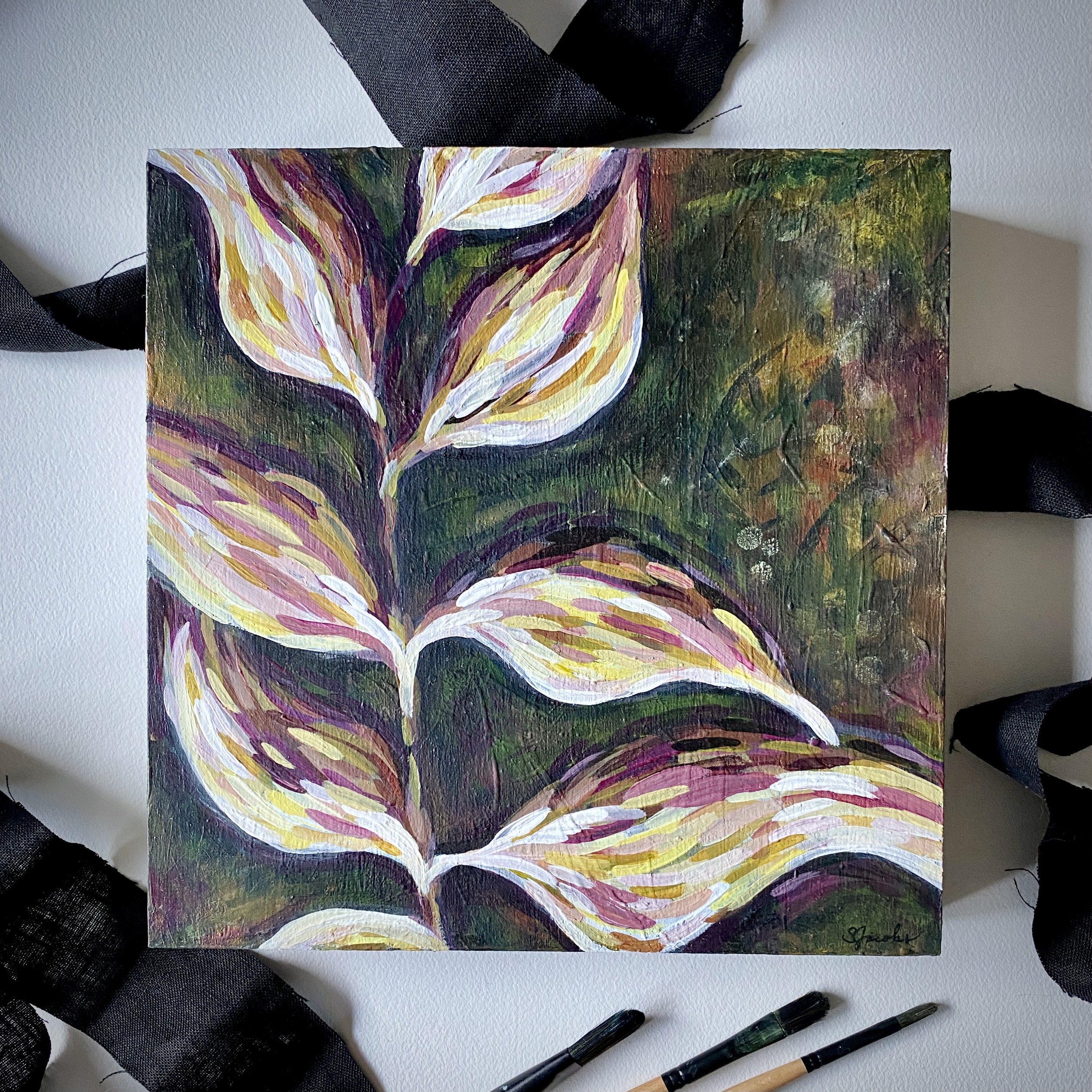 PinkBotanicalPaintingonWoodWithRibbon_ShelleyJacobsNov2021.JPG
