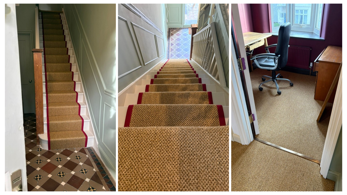 Three images showing a natural colour faux-sisal stair runner with red binding. The third image shows a newly carpeted study in a similarly natural toned carpet